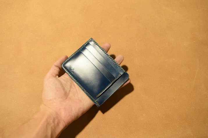 Handcrafted Oil Aniline Dyed Navy Blue Shell Cordovan Leather Cardholder