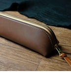 Handcrafted Dark Brown Reguilón Leather Zip Pencil Case