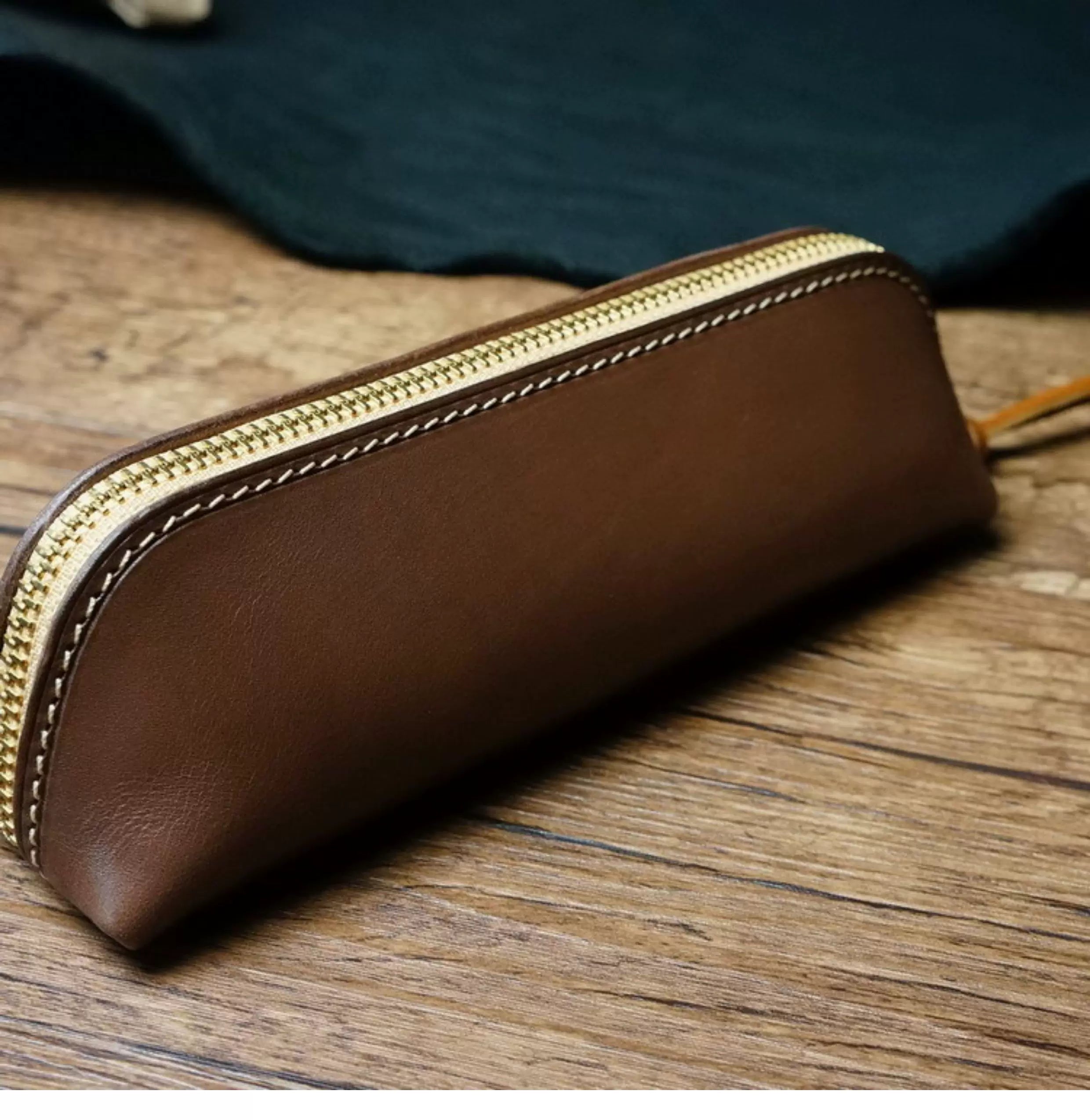 Handcrafted Dark Brown Reguilón Leather Zip Pencil Case