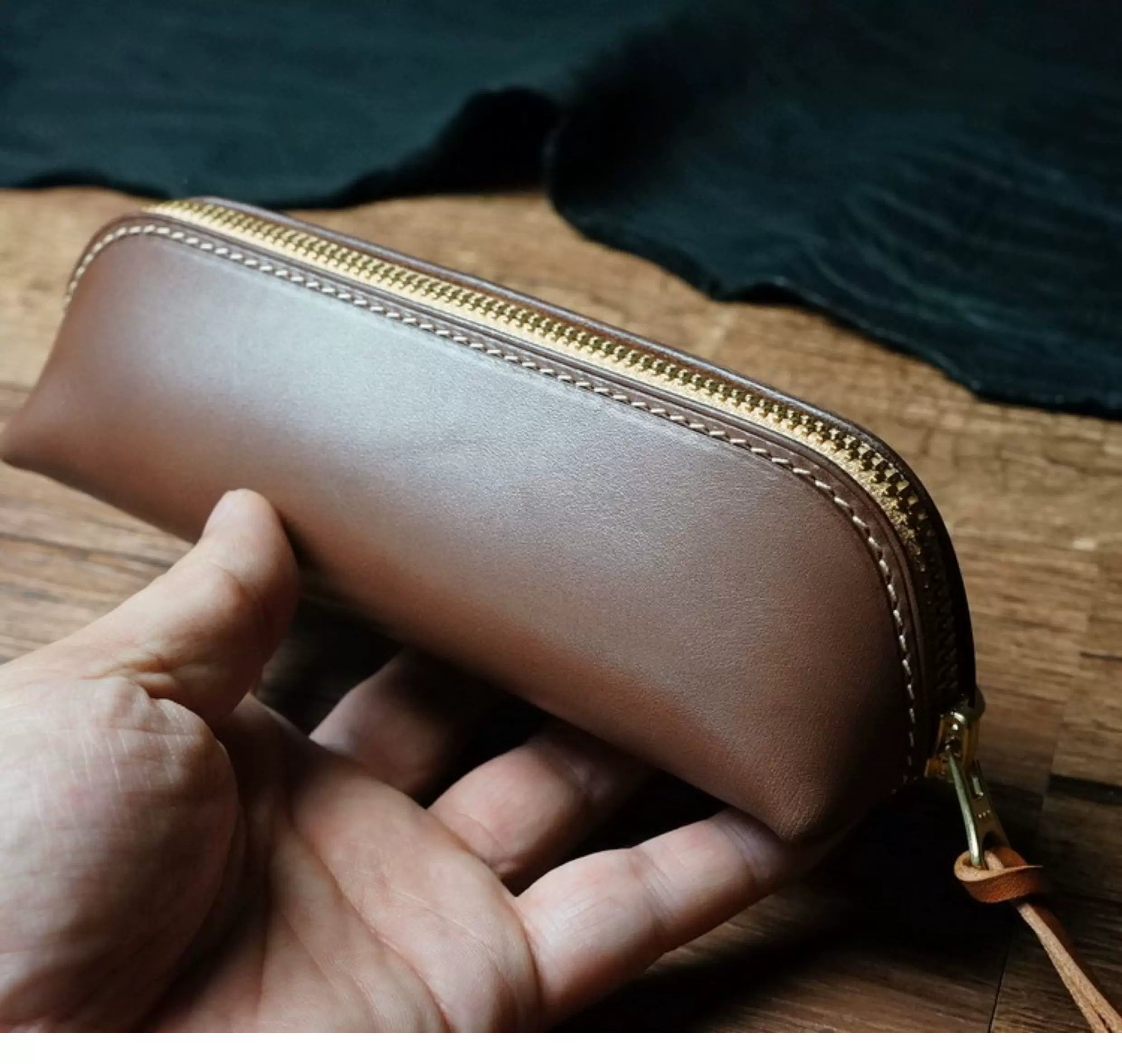 Handcrafted Dark Brown Reguilón Leather Zip Pencil Case