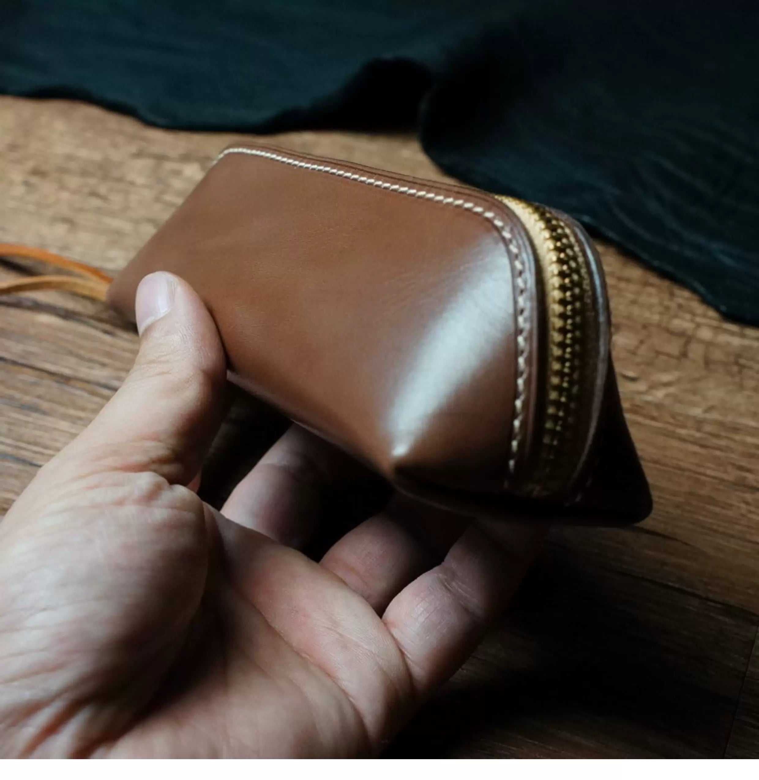 Handcrafted Dark Brown Reguilón Leather Zip Pencil Case