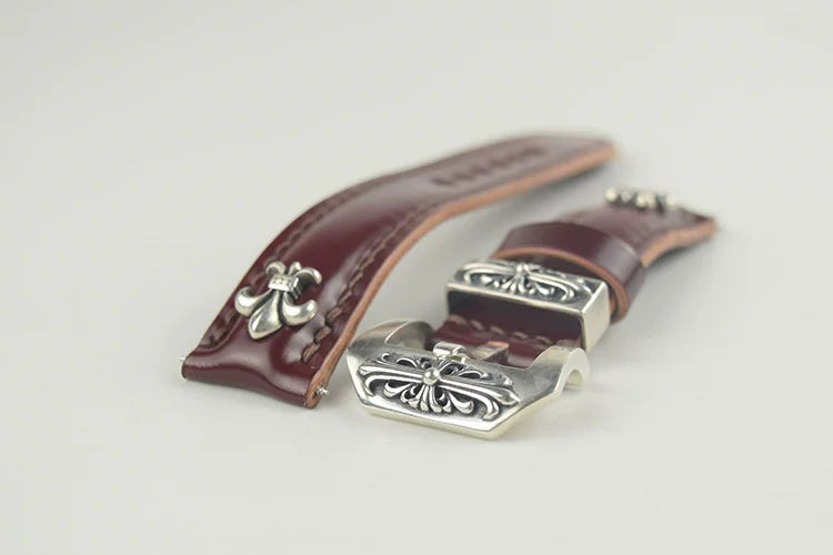 Handcrafted Oil Aniline Dyed Burgundy Shell Cordovan Leather Watch Strap with Solid 925 Sterling Silver Hardware