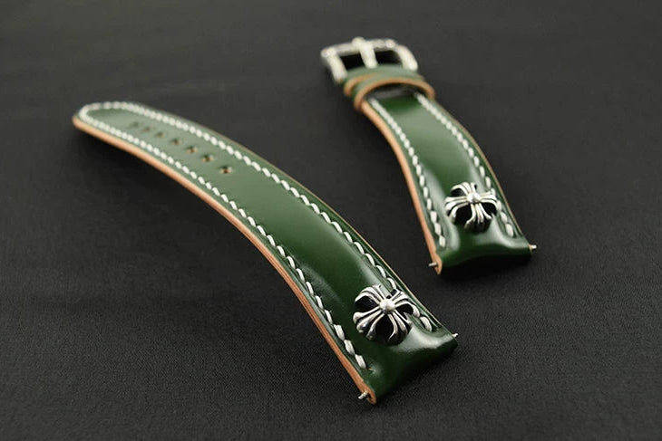 Handcrafted Oil Aniline Dyed Green Shell Cordovan Leather Watch Strap with Solid 925 Sterling Silver Buckle and Cross Rivets
