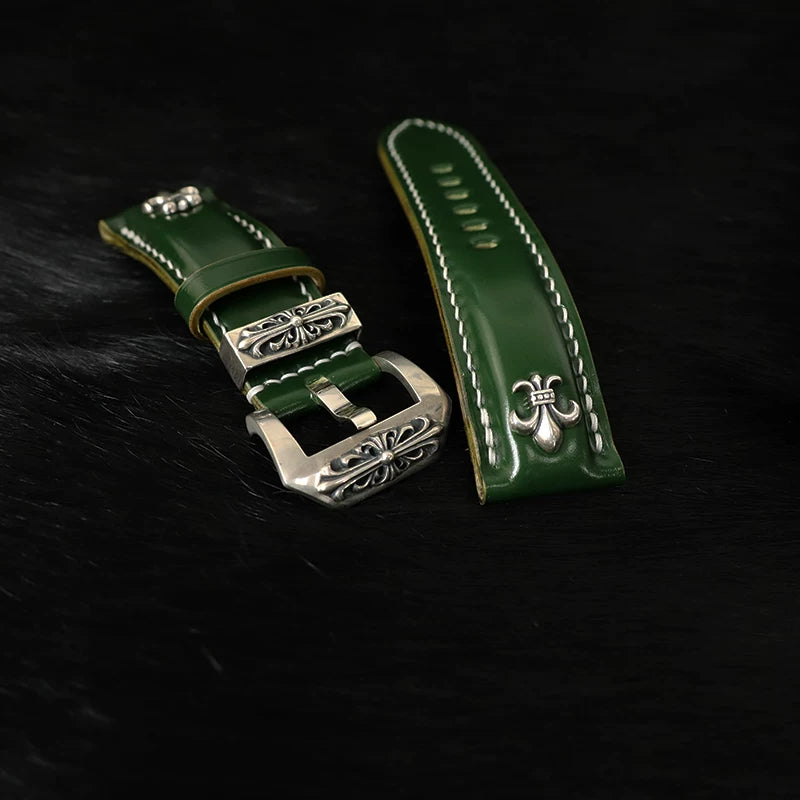Handcrafted Oil Aniline Dyed Green Shell Cordovan Leather Watch Strap with Solid 925 Sterling Silver Hardware
