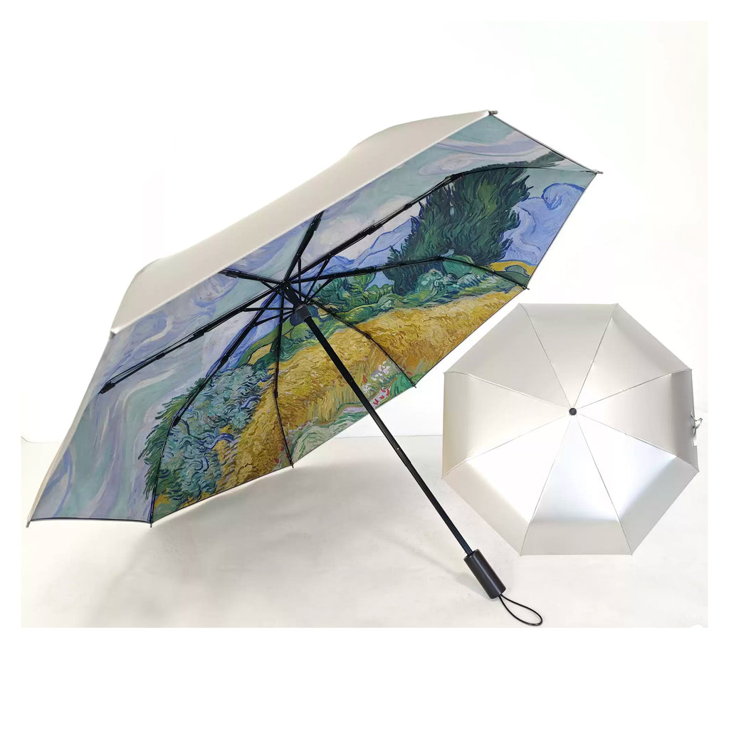 Double-Canopy Silver Coating Folding Umbrella with Wooden Handle – Oil Painting Style Portrait Design