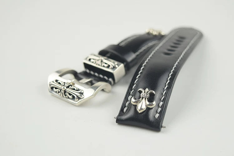 Handcrafted Oil Aniline Dyed Black Shell Cordovan Leather Watch Strap with Solid 925 Sterling Silver Hardware