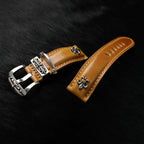 Handcrafted Oil Aniline Dyed Amber Shell Cordovan Leather Watch Strap with Solid 925 Sterling Silver Hardware, Floating Keeper Included