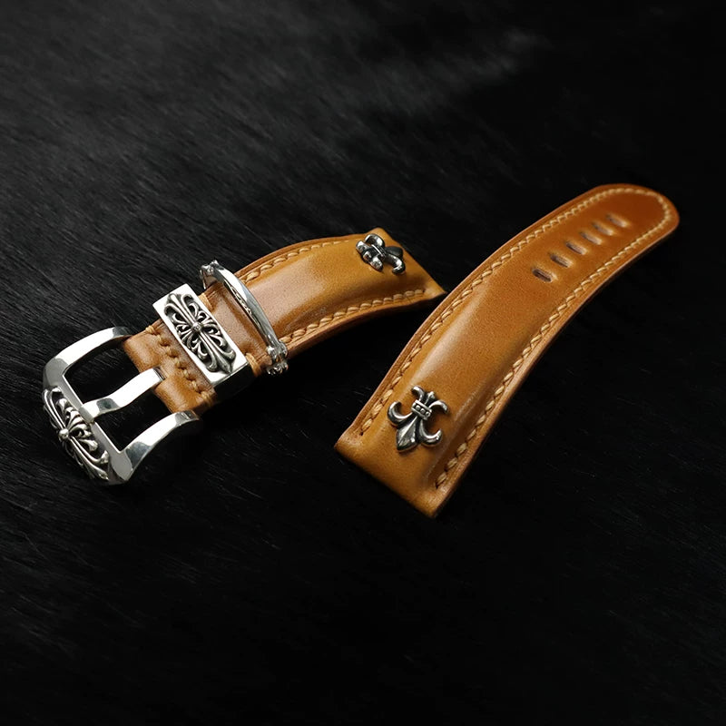 Handcrafted Oil Aniline Dyed Amber Shell Cordovan Leather Watch Strap with Solid 925 Sterling Silver Hardware, Floating Keeper Included