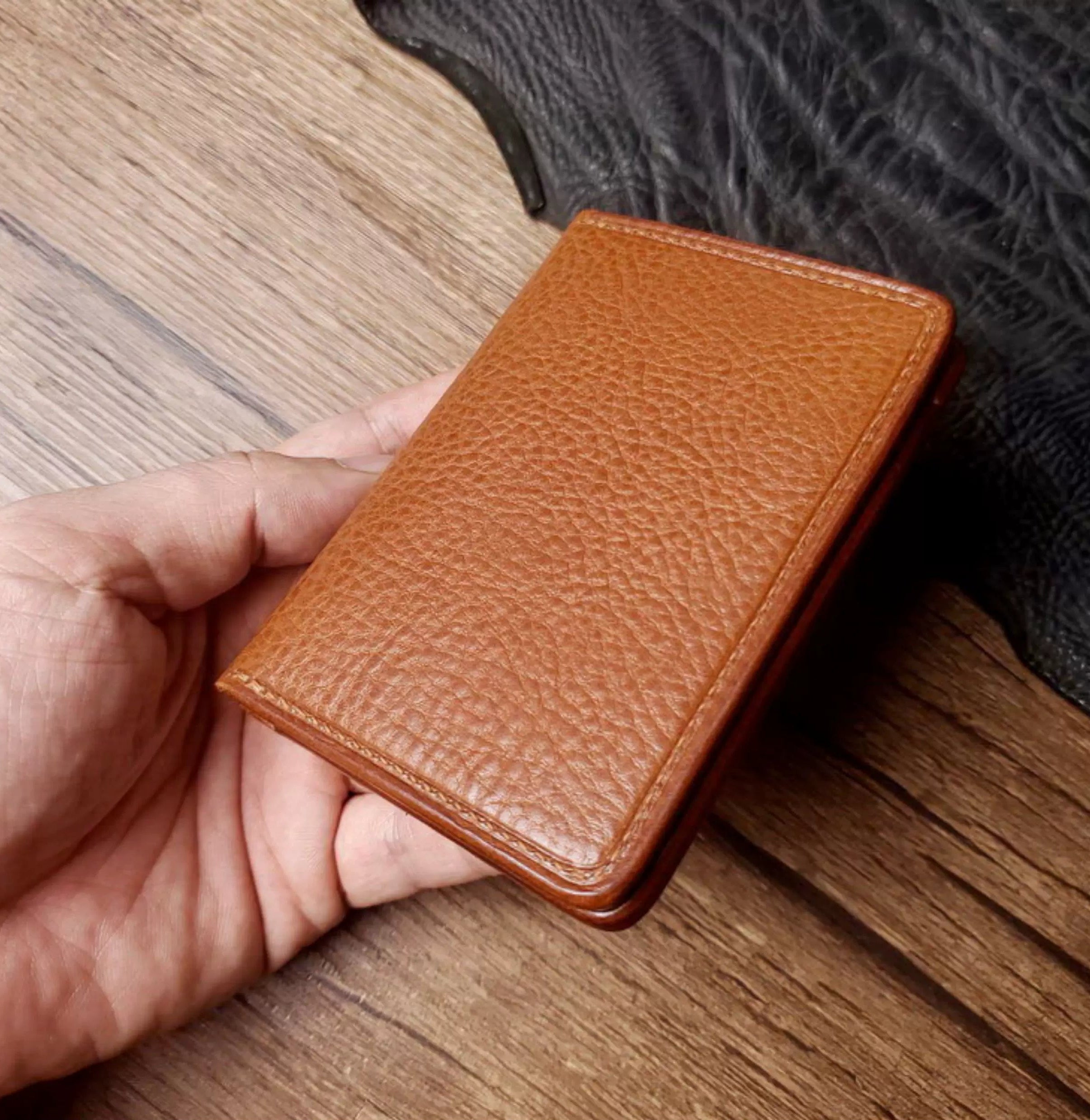 Handcrafted Italian Tuscany Stuffed Leather Cardholder With Natural Tumbled Grain & Rich Pull-Up