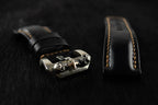 Handcrafted Oil Aniline Dyed Black Shell Cordovan Leather Watch Strap with Solid 925 Sterling Silver Skull Buckle