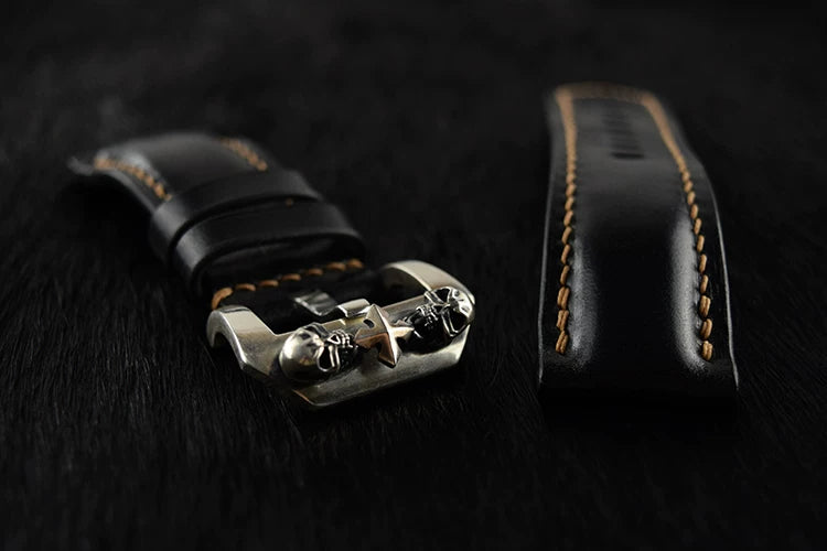 Handcrafted Oil Aniline Dyed Black Shell Cordovan Leather Watch Strap with Solid 925 Sterling Silver Skull Buckle