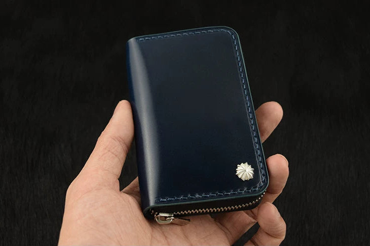 Oil Aniline Dyed Navy Blue Cordovan Wallet Blue Contrast Stitching Handmade