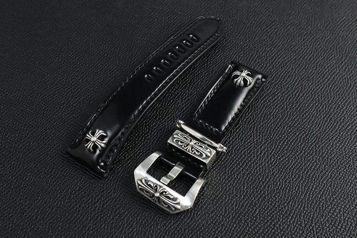 Handcrafted Oil Aniline Dyed Black Shell Cordovan Leather Watch Strap with Solid 925 Sterling Silver Hardware, Floating Keeper Included