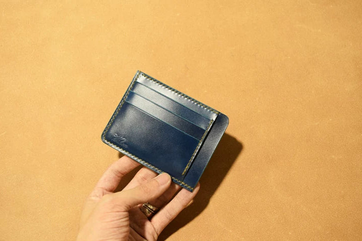 Handcrafted Oil Aniline Dyed Navy Blue Shell Cordovan Leather Cardholder