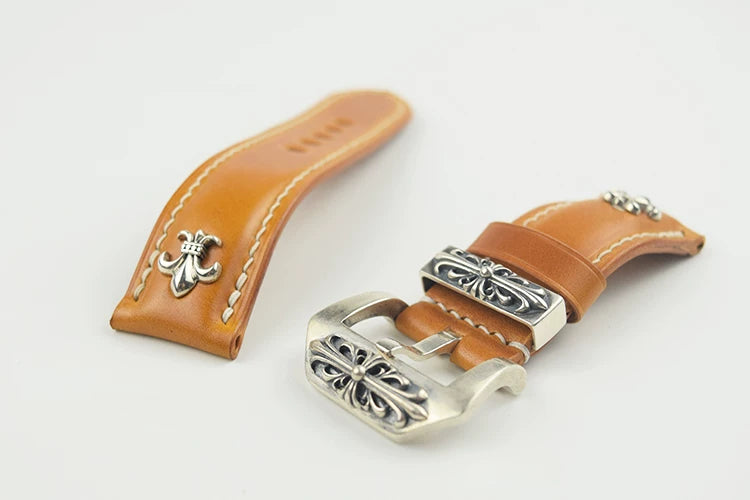 Handcrafted Oil Aniline Dyed Amber Shell Cordovan Leather Watch Strap with Solid 925 Sterling Silver Hardware