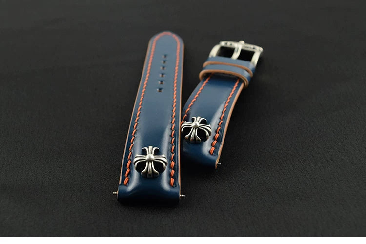 Handcrafted Vegetable-dyed Navy Blue Shell Cordovan Leather Watch Strap with Solid 925 Sterling Silver Hardware