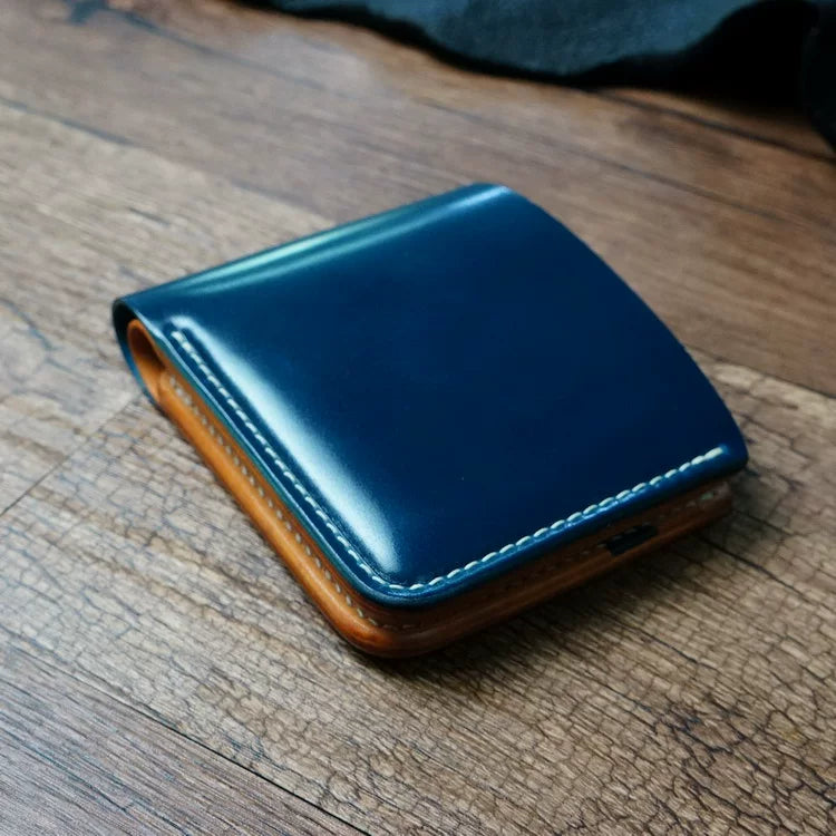 Handcrafted Navy Blue Shell Cordovan Leather Wallet with Italian Gattuso Oily Calfskin Lining