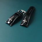 Handcrafted Oil Aniline Dyed Black Shell Cordovan Leather Watch Strap with Solid 925 Sterling Silver Buckle and Cross Rivets