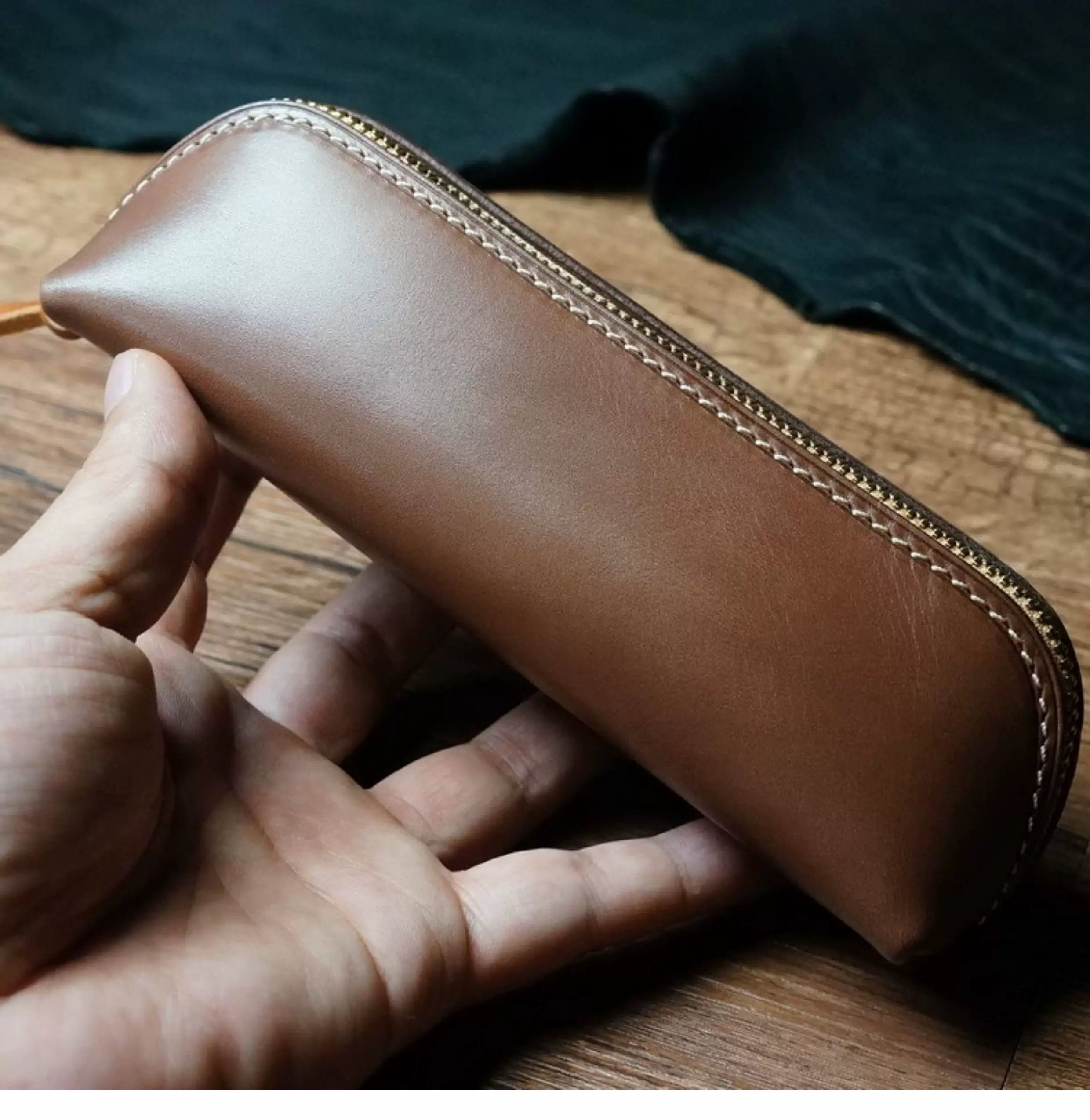 Handcrafted Dark Brown Reguilón Leather Zip Pencil Case
