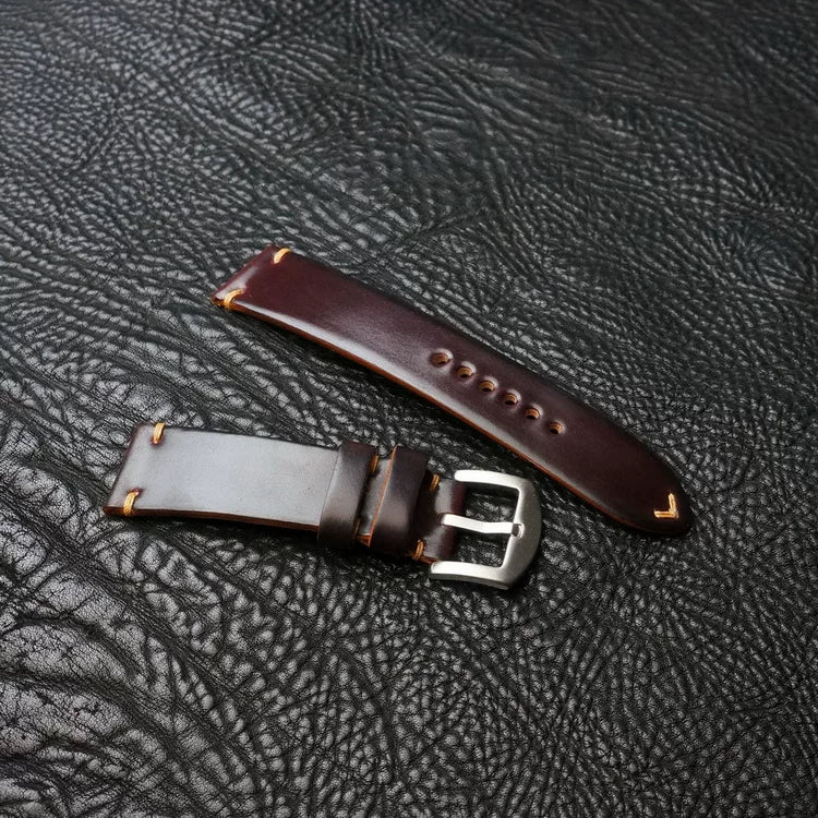 Handcrafted Burgundy Horween Shell Cordovan Watch Strap with Vintage Rope Stitching