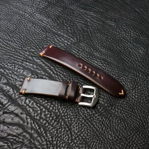Handcrafted Burgundy Horween Shell Cordovan Watch Strap with Vintage Rope Stitching