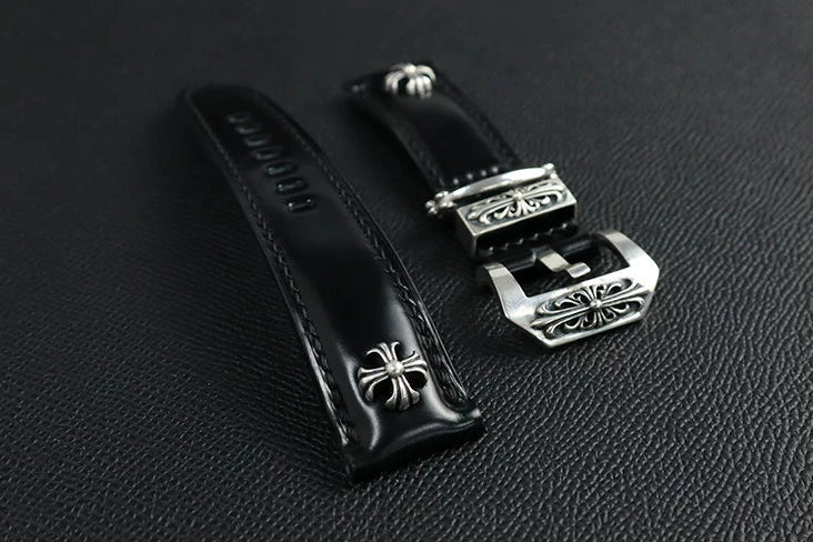 Handcrafted Oil Aniline Dyed Black Shell Cordovan Leather Watch Strap with Solid 925 Sterling Silver Hardware, Floating Keeper Included