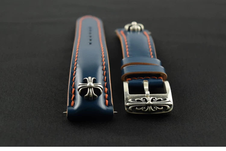 Handcrafted Vegetable-dyed Navy Blue Shell Cordovan Leather Watch Strap with Solid 925 Sterling Silver Hardware