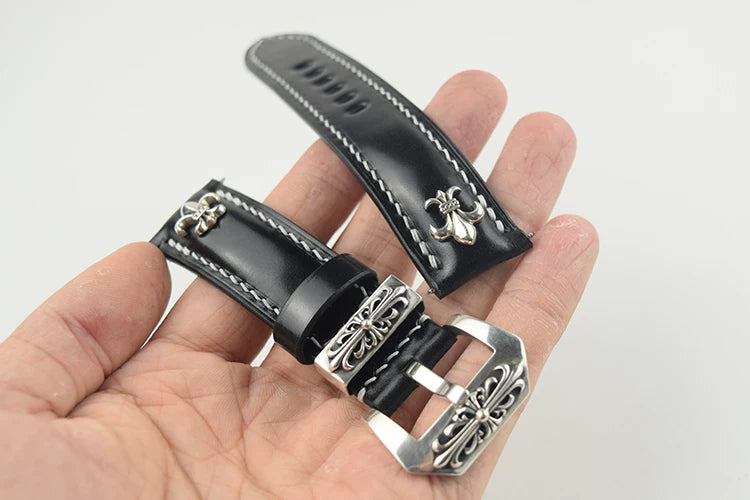 Handcrafted Oil Aniline Dyed Black Shell Cordovan Leather Watch Strap with Solid 925 Sterling Silver Hardware