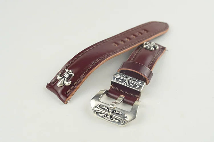 Handcrafted Oil Aniline Dyed Burgundy Shell Cordovan Leather Watch Strap with Solid 925 Sterling Silver Hardware