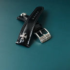 Handcrafted Oil Aniline Dyed Black Shell Cordovan Leather Watch Strap with Solid 925 Sterling Silver Buckle and Cross Rivets