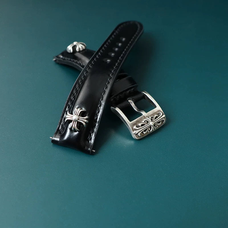 Handcrafted Oil Aniline Dyed Black Shell Cordovan Leather Watch Strap with Solid 925 Sterling Silver Buckle and Cross Rivets