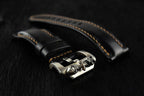 Handcrafted Oil Aniline Dyed Black Shell Cordovan Leather Watch Strap with Solid 925 Sterling Silver Skull Buckle
