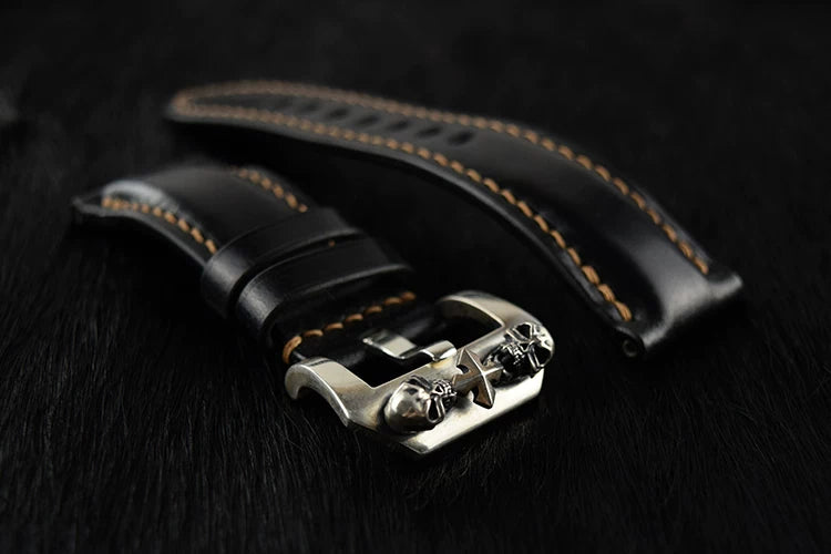 Handcrafted Oil Aniline Dyed Black Shell Cordovan Leather Watch Strap with Solid 925 Sterling Silver Skull Buckle
