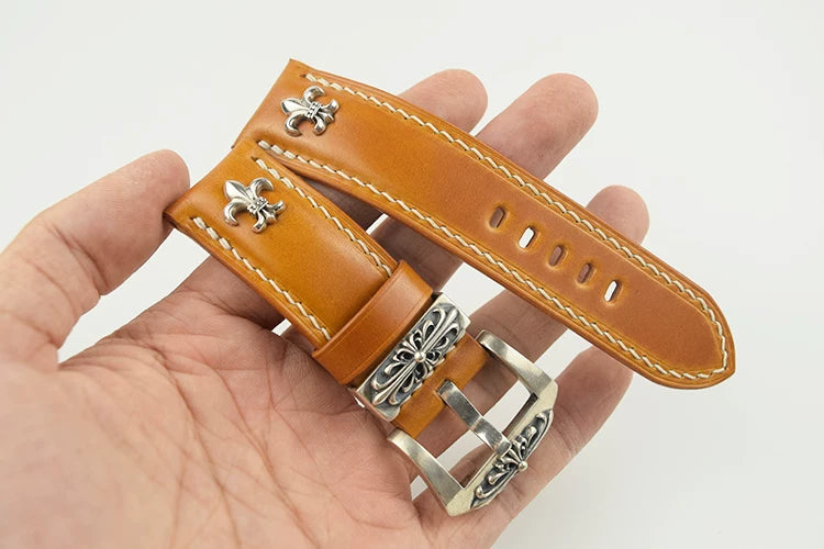 Handcrafted Oil Aniline Dyed Amber Shell Cordovan Leather Watch Strap with Solid 925 Sterling Silver Hardware