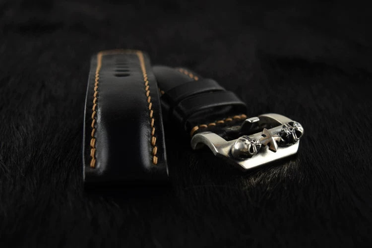 Handcrafted Oil Aniline Dyed Black Shell Cordovan Leather Watch Strap with Solid 925 Sterling Silver Skull Buckle