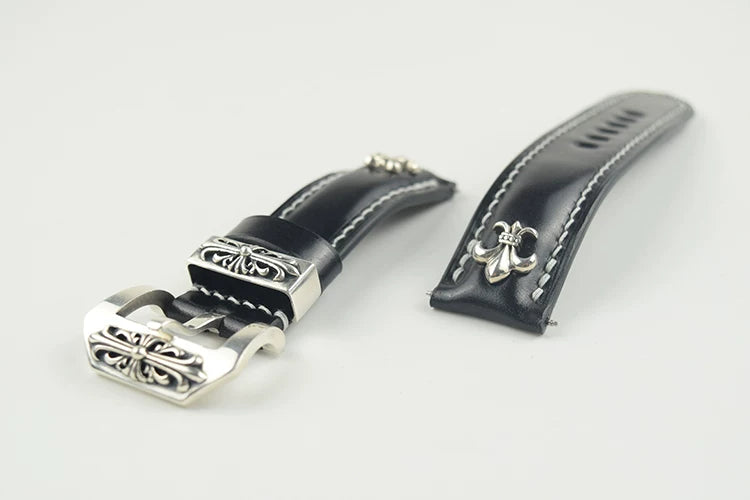 Handcrafted Oil Aniline Dyed Black Shell Cordovan Leather Watch Strap with Solid 925 Sterling Silver Hardware