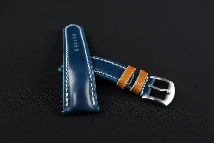 Handcrafted Oil Aniline Dyed Navy Blue & Amber Shell Cordovan Leather Watch Strap