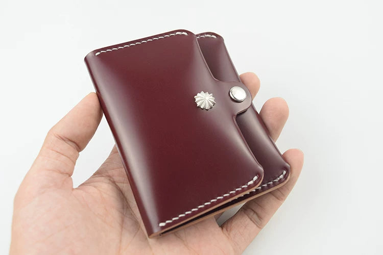 Handcrafted Oil Aniline Dyed Burgundy Shell Cordovan Leather Cardholder