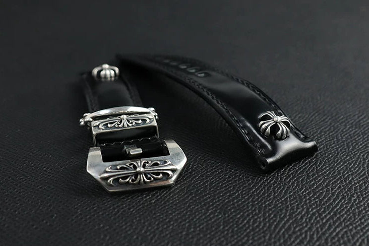 Handcrafted Oil Aniline Dyed Black Shell Cordovan Leather Watch Strap with Solid 925 Sterling Silver Hardware, Floating Keeper Included