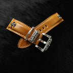 Handcrafted Oil Aniline Dyed Amber Shell Cordovan Leather Watch Strap with Solid 925 Sterling Silver Hardware, Floating Keeper Included