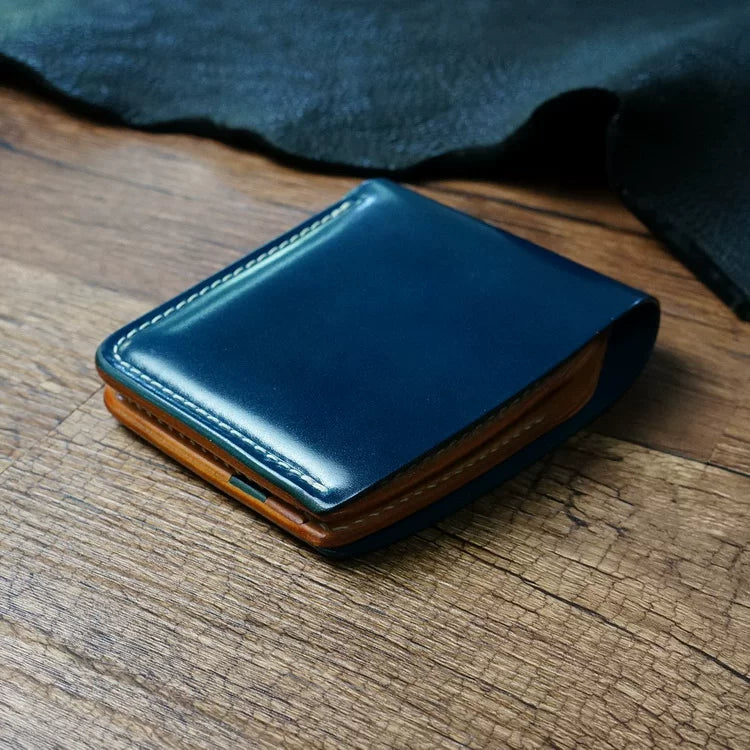 Handcrafted Navy Blue Shell Cordovan Leather Wallet with Italian Gattuso Oily Calfskin Lining