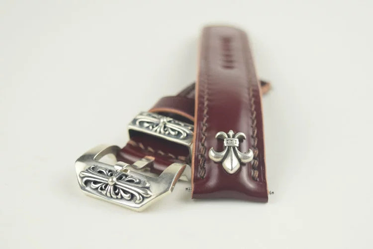 Handcrafted Oil Aniline Dyed Burgundy Shell Cordovan Leather Watch Strap with Solid 925 Sterling Silver Hardware