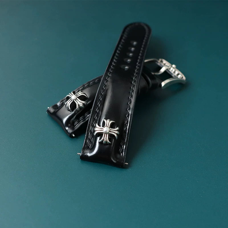 Handcrafted Oil Aniline Dyed Black Shell Cordovan Leather Watch Strap with Solid 925 Sterling Silver Buckle and Cross Rivets