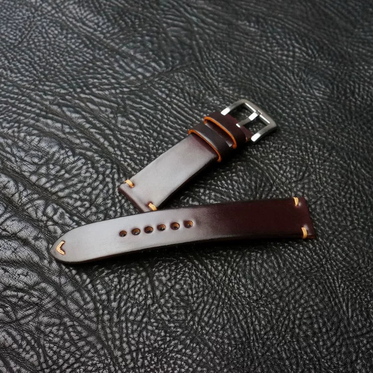 Handcrafted Burgundy Horween Shell Cordovan Watch Strap with Vintage Rope Stitching