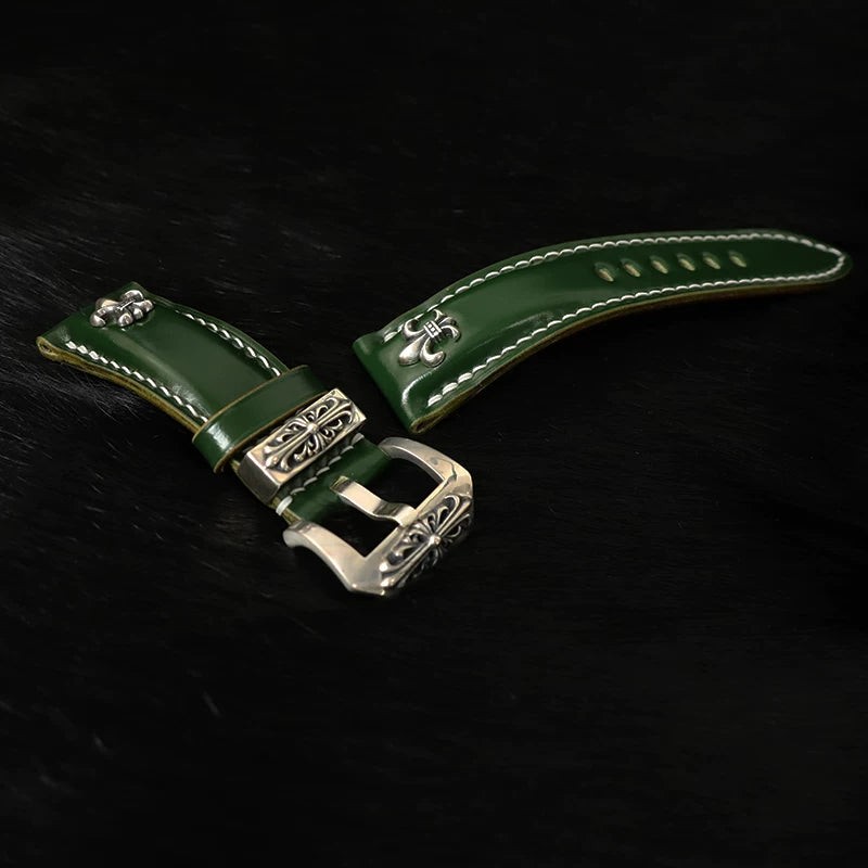 Handcrafted Oil Aniline Dyed Green Shell Cordovan Leather Watch Strap with Solid 925 Sterling Silver Hardware