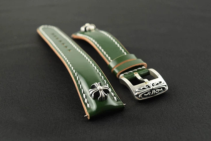 Handcrafted Oil Aniline Dyed Green Shell Cordovan Leather Watch Strap with Solid 925 Sterling Silver Buckle and Cross Rivets