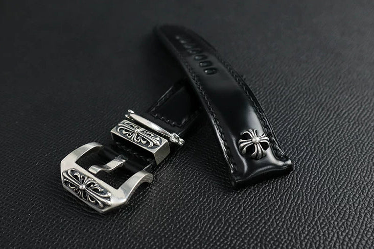 Handcrafted Oil Aniline Dyed Black Shell Cordovan Leather Watch Strap with Solid 925 Sterling Silver Hardware, Floating Keeper Included