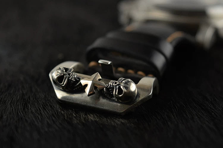 Handcrafted Oil Aniline Dyed Black Shell Cordovan Leather Watch Strap with Solid 925 Sterling Silver Skull Buckle