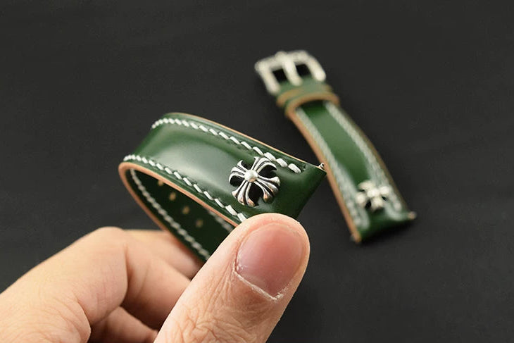 Handcrafted Oil Aniline Dyed Green Shell Cordovan Leather Watch Strap with Solid 925 Sterling Silver Buckle and Cross Rivets