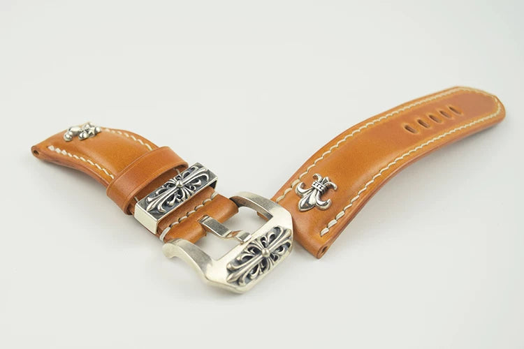 Handcrafted Oil Aniline Dyed Amber Shell Cordovan Leather Watch Strap with Solid 925 Sterling Silver Hardware